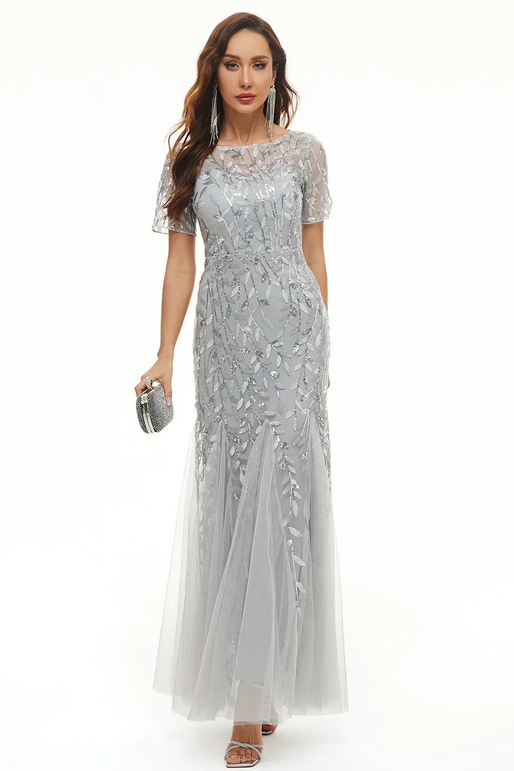 Foglie Paillettes Mother Dress con maniche corte