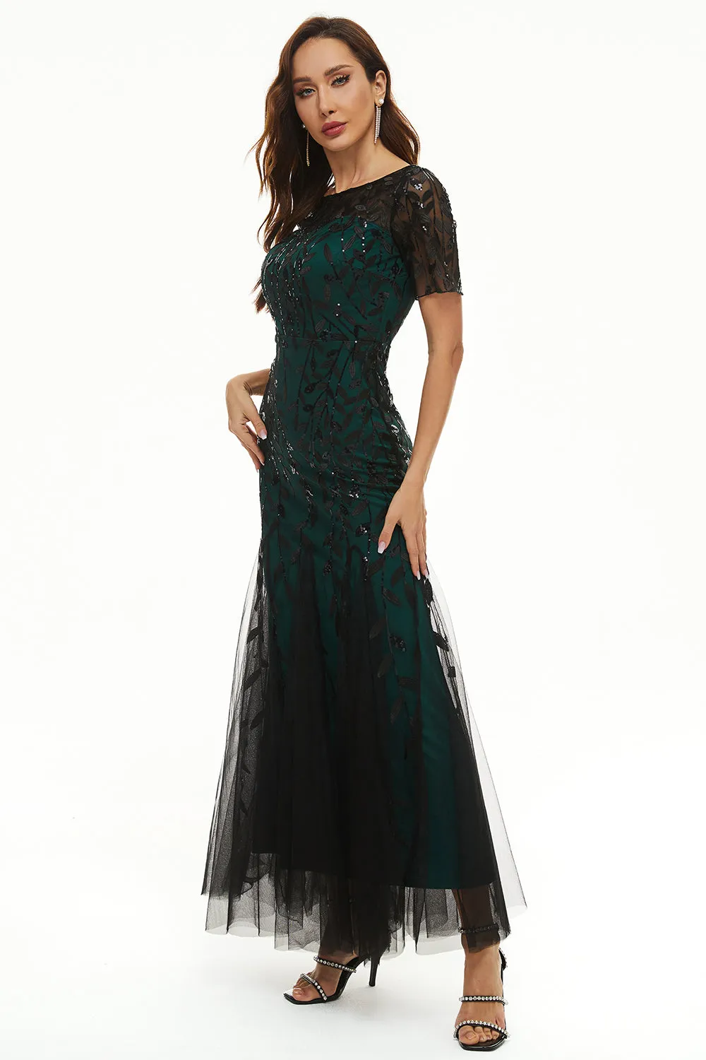 Foglie Paillettes Mother Dress con maniche corte