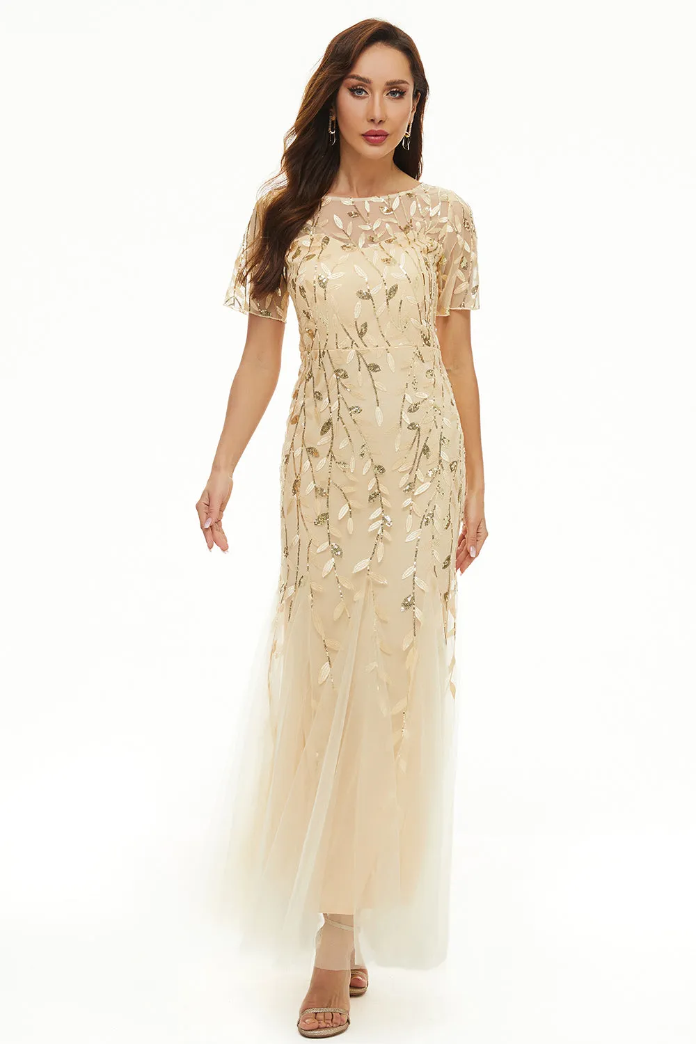 Foglie Paillettes Mother Dress con maniche corte