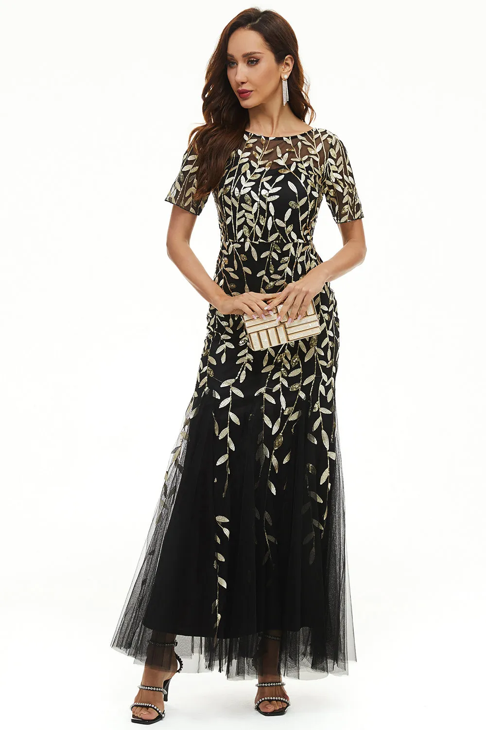Foglie Paillettes Mother Dress con maniche corte