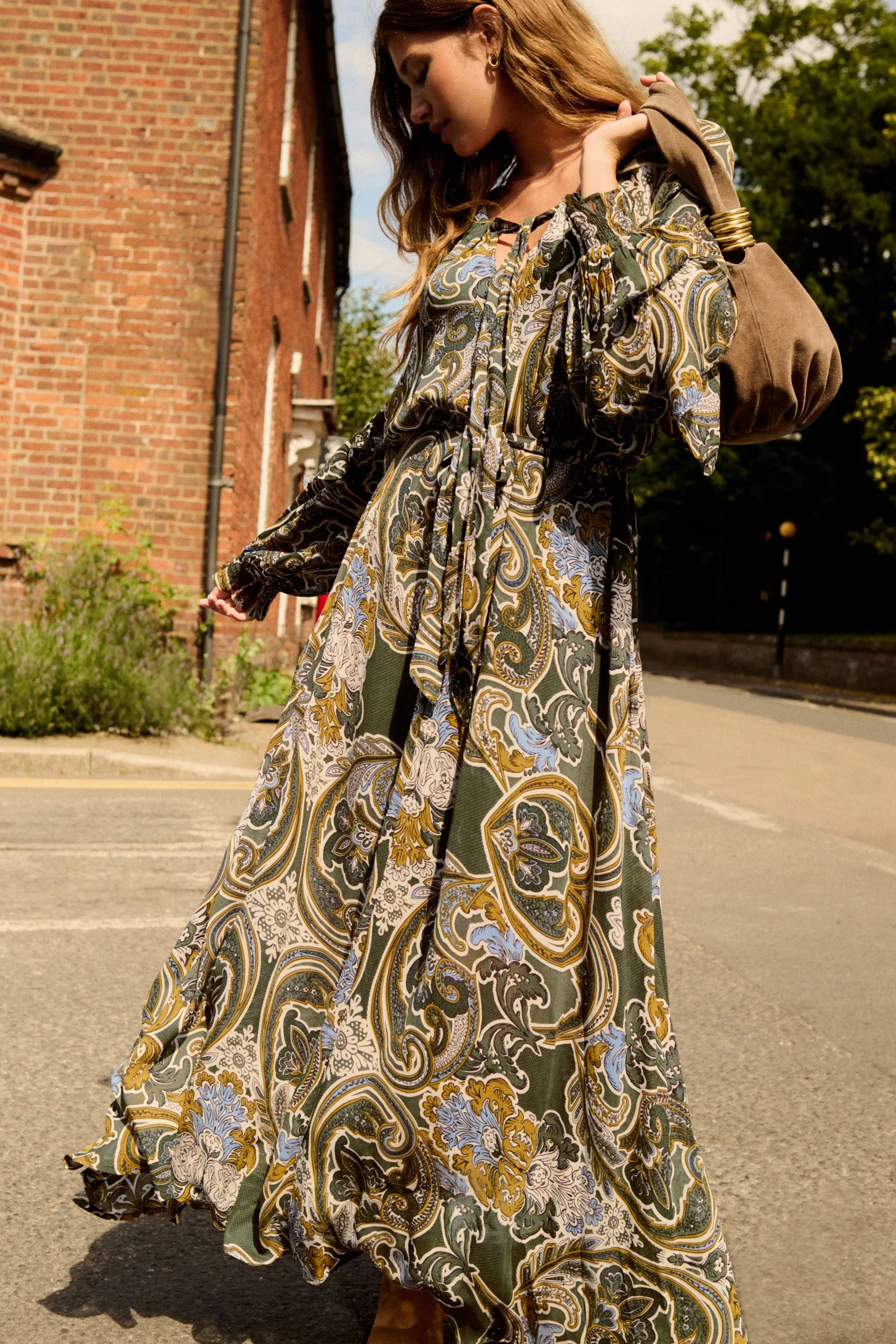 Gathered Tie Neck Volume Sleeve Maxi Dress    