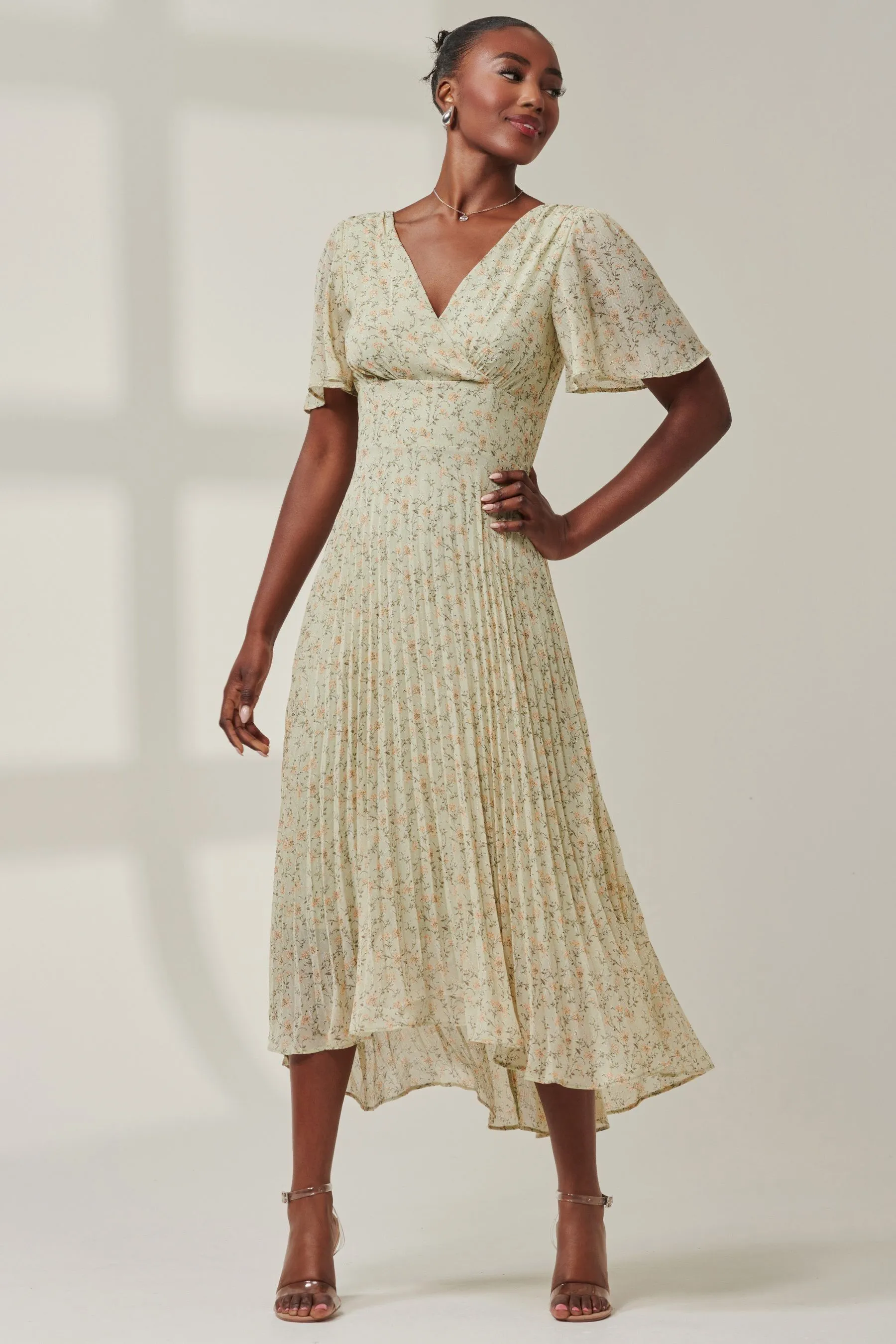 Jolie Moi Chelsea Pleated Chiffon Dip Hem Maxi Dress    