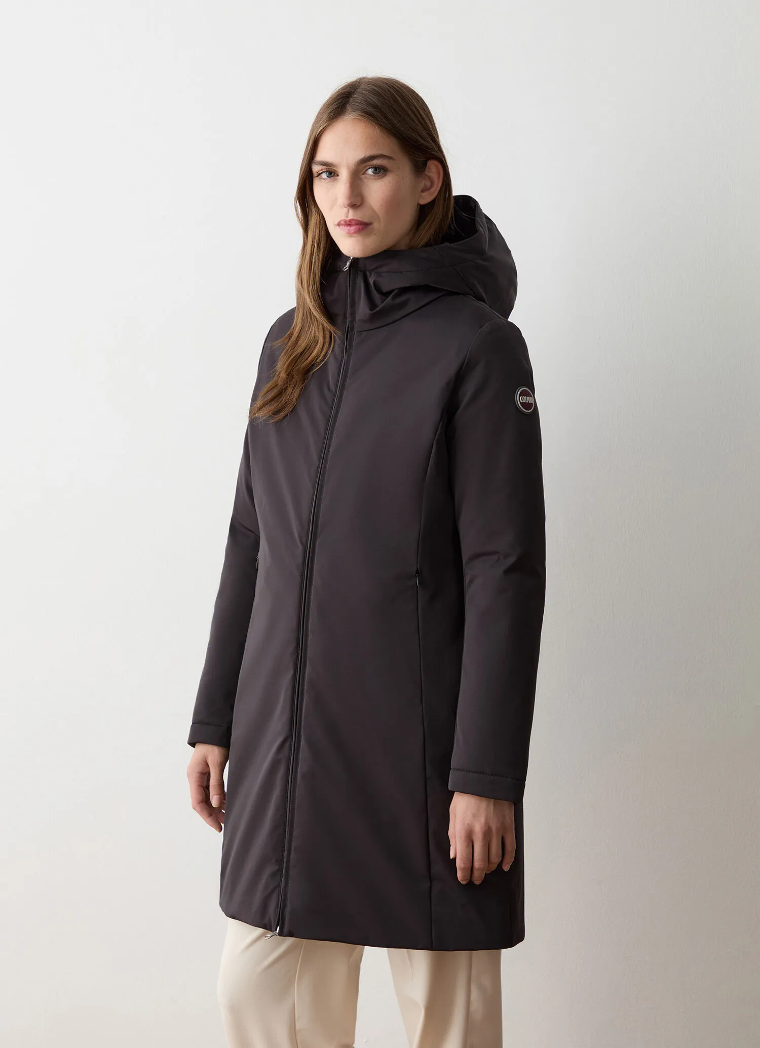 Long down jacket in waterproof fabric