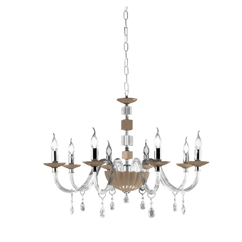 Ondaluce Lampadario Livia/8 in vetro e cristallo con finitura cromo, tortora