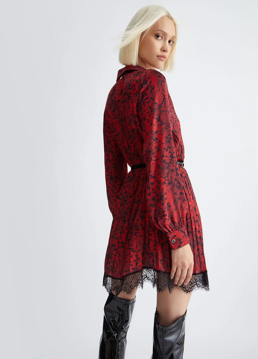 Pleated Dress with Belt / Red