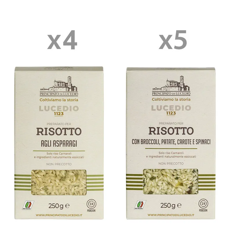 Principato di Lucedio 9 confezioni miste 250 gr: Risotto Asparagi - Risotto Broccoli, Patate, Carote, Spinaci