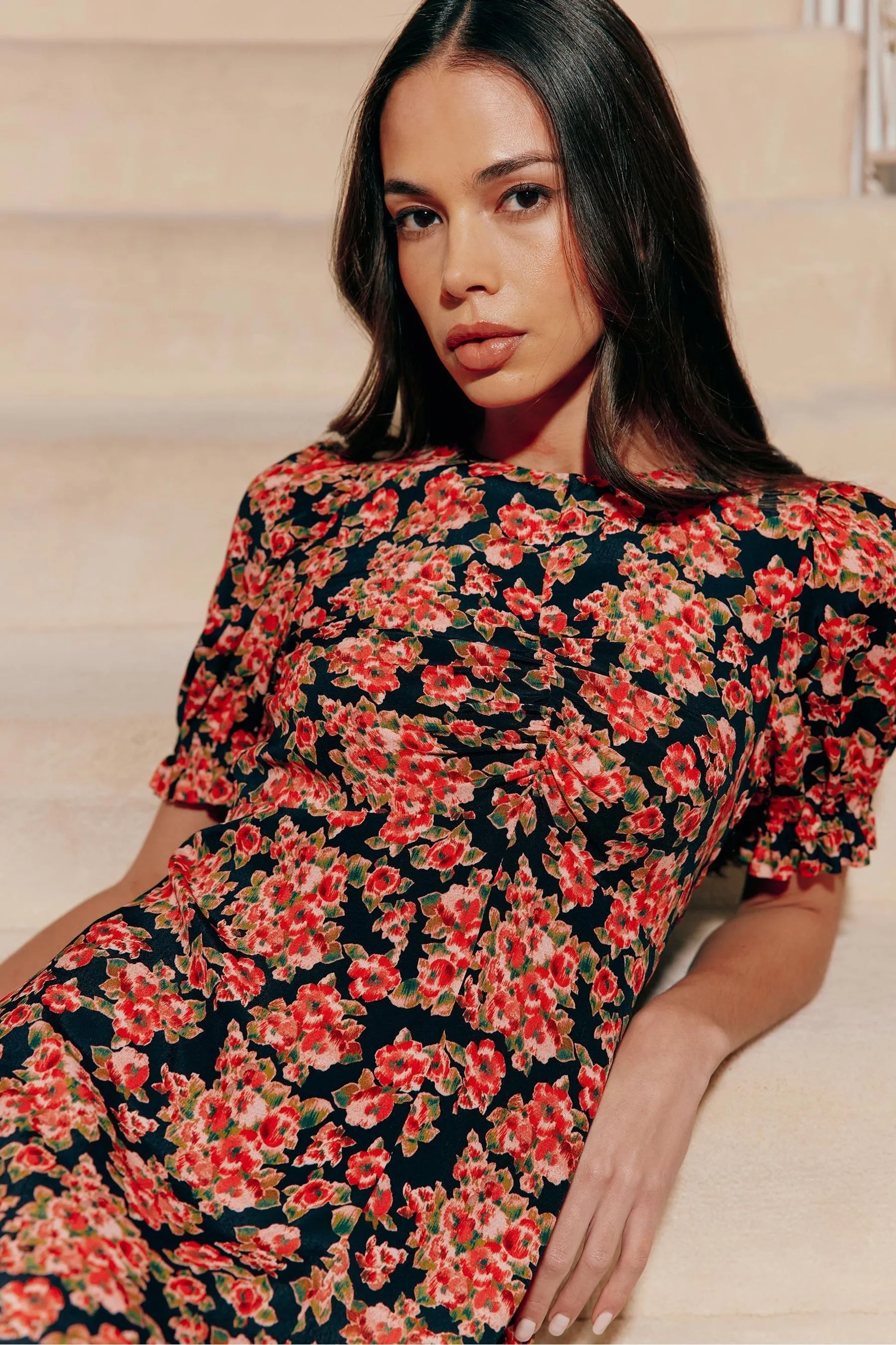 Ro&Zo Red Rose Print Ruched Front Midi Dress